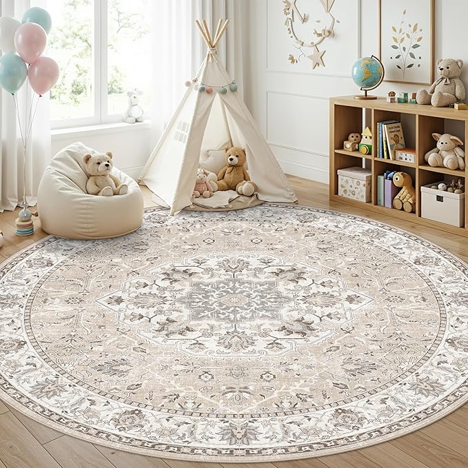 7x7 Living Room Area Rug: Washable Oriental Printed Soft Round Rug for Bedroom Besides Non-Slip Low-Pile Carpet for High-Traffic Area Indoor Stain Resistant Distressed Home Decor Mat(7Round,Beige)