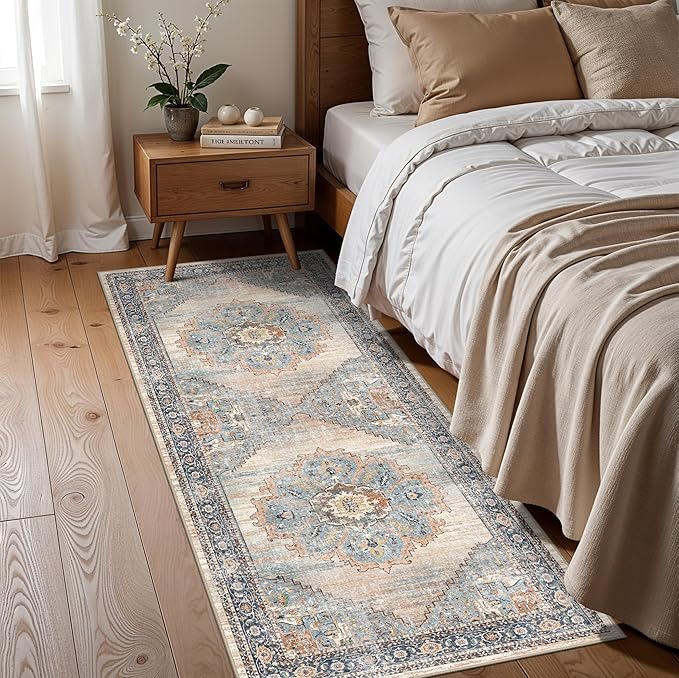 TOPRUUG Washable 3x7 Runner Rug: 7ft Non-Slip Stain Resistant Rugs for Hallway Durable Light Weight Blue Kitchen Mat Ultra Thin Soft Low-Pile Floor Mat for Bedroom Entryway Home Decor (Blue, 3X7)