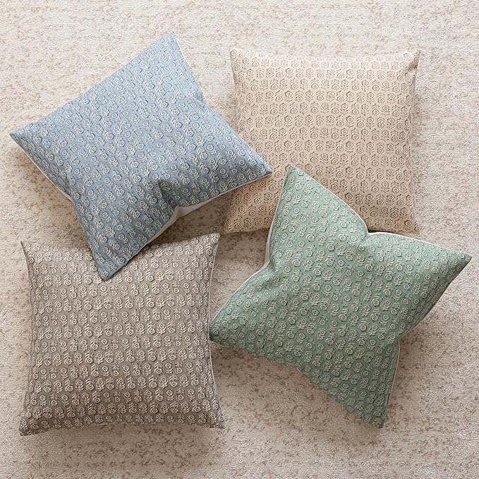 Foindtower Set of 2 Decorative Neutral Floral Print Throw Pillow Covers Vintage Accent Farmhouse Cushion Covers Boho Home Decor for Sofa Couch Chair Bedroom Living Room Outdoor,20×20 Inch,Powder Blue