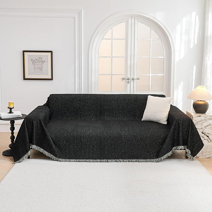 MYSKY HOME Couch Cover for Dogs Washable Couch Covers Couch Covers for Sofa Couch Cover 2 Cushion Sofa Non Slip Dogs Furniture Protector with Tassels Chenille Sofa Covers for Pets, 71"x102", Black