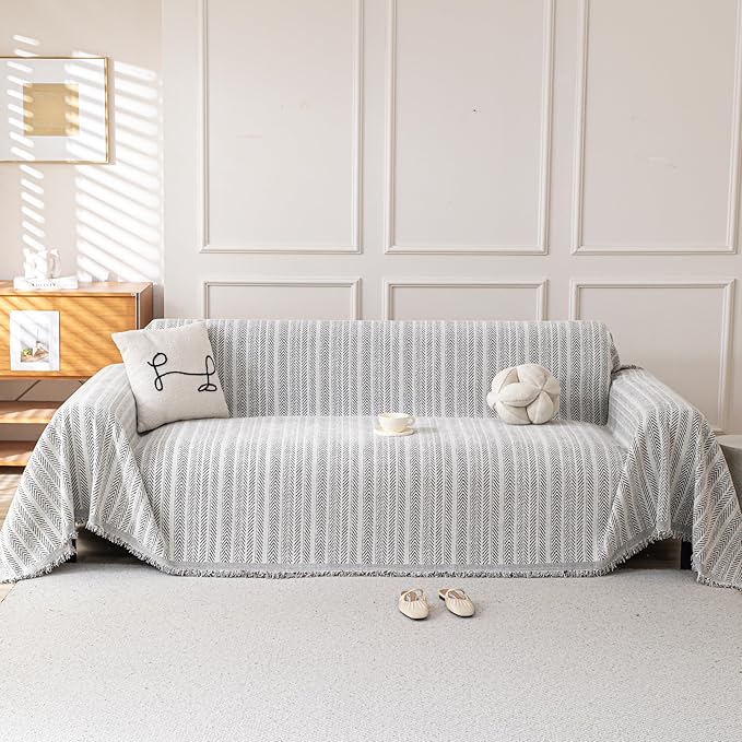 Boho Chenille Couch Cover for Dogs, Non Slip Sofa Cover, Couch Slipcover Covers for 3 Cushion, Furniture Protector with Tassels for Pets Washable, 71"x118", Fishbone Grey