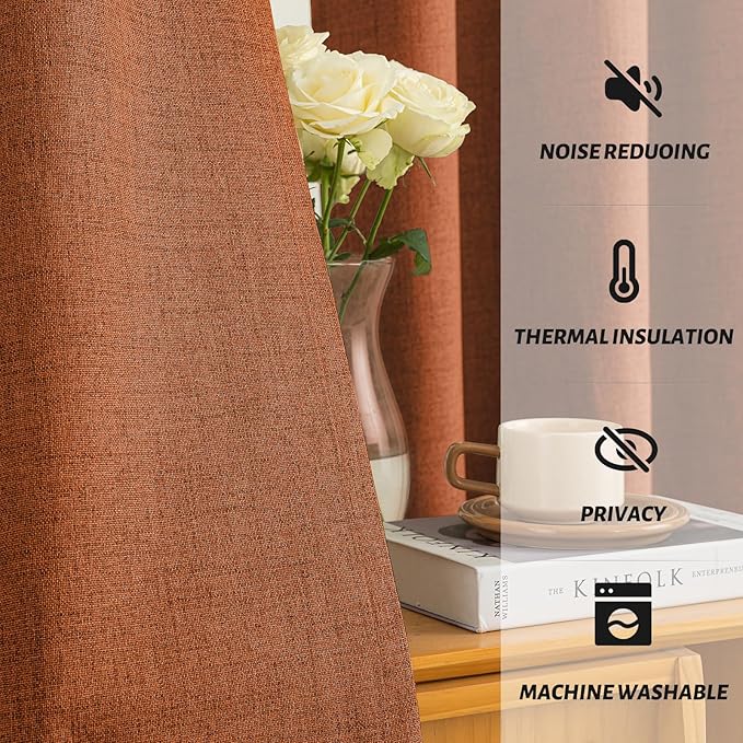 Yakamok Burnt Orange Linen Curtains 100% Blackout 72 Inches Long,Room Darkening Textured Curtains for Living Room Thermal Grommet Bedroom Curtains 2 Panels with White Liner