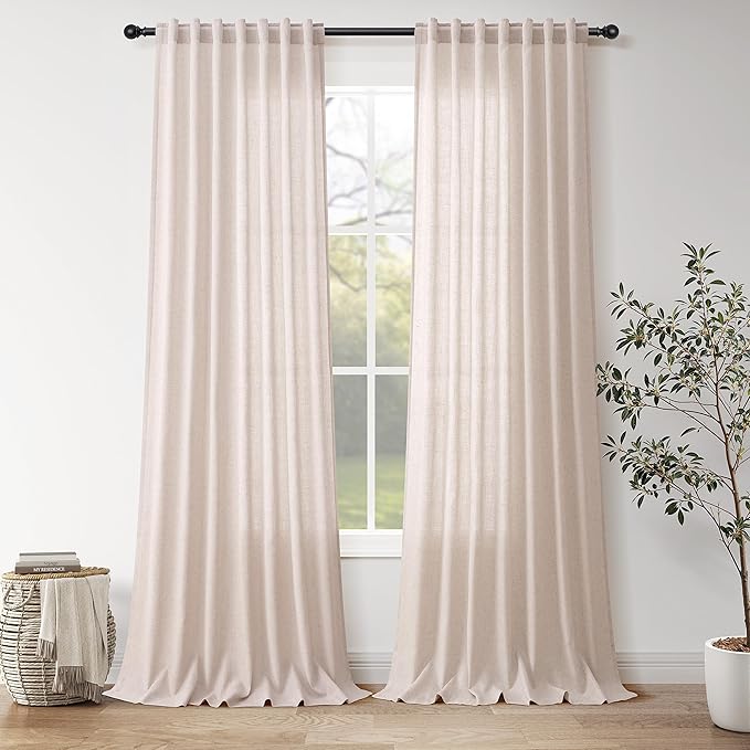 Nanspring Natural White Linen Curtains 120 Inches Long for Living Room Textured Neutral Farmhouse Privacy Sheer Curtains Back Tab Floor to Ceiling Curtain for Bedroom Office 52x120, 2 Panels
