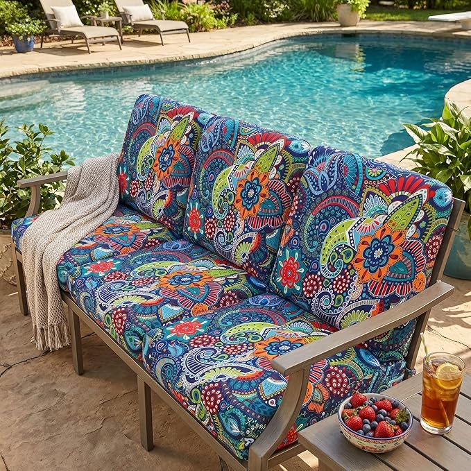 hyha Printed Couch Cushion Covers, Floral Sofa Covers Washable for 2 Cushion Couch, Stretch Pattern Outdoor Cushion Covers for Patio Furniture with Elastic Bottom(Medium, Paisley)