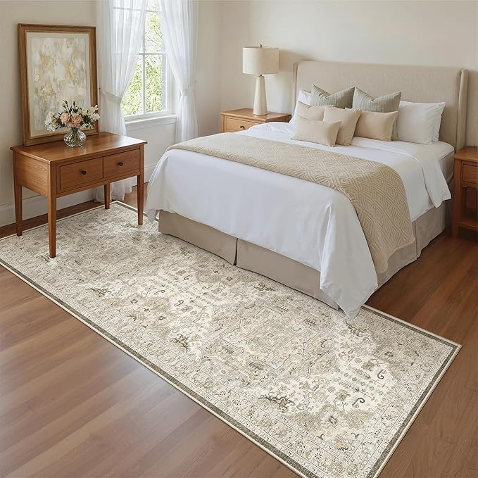 Madane Runner Rug 2'6''x8' Kitchen Runner, Hallway Runner Printed Vintage Washable Rugs Soft Non-Slip Low Pile Runners for Hallways Laundry Room Rug Distressed Rug, Ivory/Brown