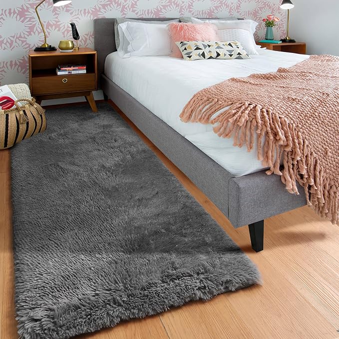 ONASAR 2x6 Grey Runner Rugs for Bedroom Living Room, Fluffy Bedside Hallway Throw Area Rug, Gray Ultra Soft Plush Furry Floor Carpet Mat for Nursery Kids Dorm Closet Home Decor Aesthetic