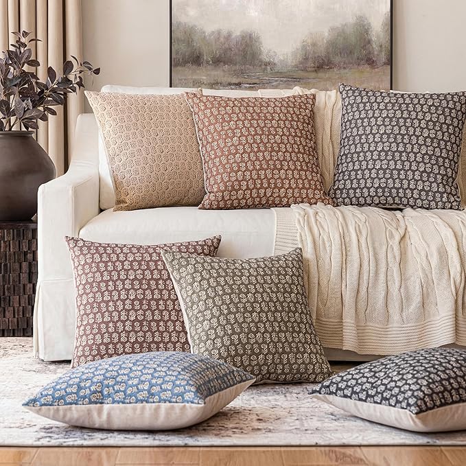 Foindtower Set of 2 Decorative Vintage Floral Print Throw Pillow Covers Neutral Modern Farmhouse Cushion Covers Boho Home Decor for Sofa Couch Chair Bedroom Living Room,22×22 Inch,Rustic Gray