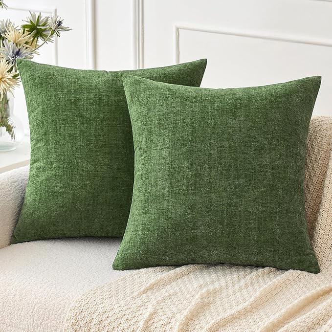 MIULEE Pack of 2 Couch Throw Pillow Covers 20x20Inch Soft Moss Green Spring Chenille Pillow Covers for Sofa Living Room Solid Dyed Pillow Cases