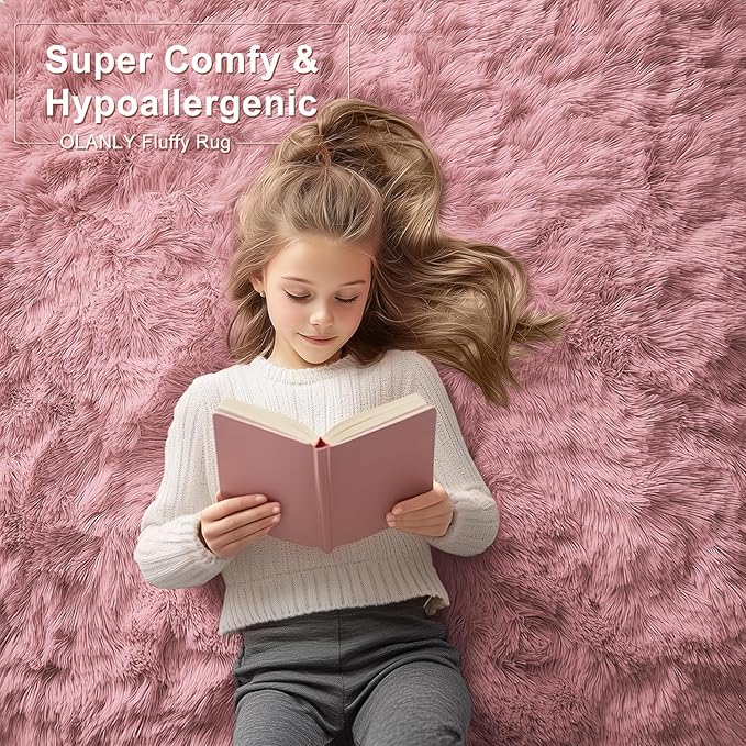 OLANLY 3x5 Machine Washable Small Bedside Rug, Soft Fluffy Shaggy Rugs for Living Room, Bedroom, Indoor Floor Carpet for Kids Girls and Boys, Preppy Dorms, Nursery, Home Decor Aesthetic, Pale Pink