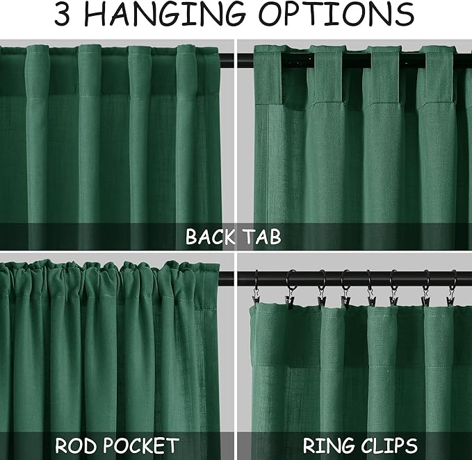 Dark Green Linen Curtains 102 Inches Long Rod Pocket Back Tab Drapes 2 Panels Set for Living Room Sheer Light Filtering Sheer Emerald Green Curtain 102 Length for Patio Sliding Glass Door 52x102