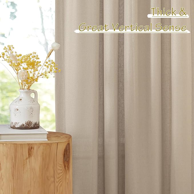 NICETOWN Thick Flax Linen Camel Curtains 108 inches Long, Pinch Pleated Linen Blend Privacy Added with Light Filtering Window Treatments for Living Room/Bedroom, W50 x L108, 2 Panels