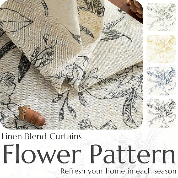 jinchan Floral Curtains 96 Inches Long Black Flower Linen Farmhouse Curtain for Living Room French Country Vintage Curtain Rod Pocket Curtains Set 2 Panels Balck Floral Printed