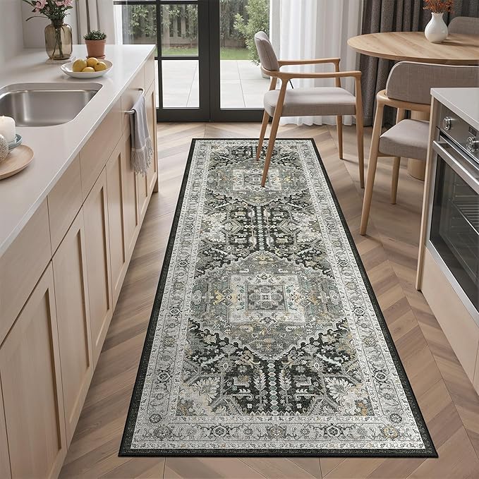 Madane Washable Kitchen Runner Rug 2x6, Ultra-Thin Non-Slip Hallway Runner, Stain Resistant Vintage Entryway Carpet Runner, Pet Friendly Low Pile Runners, Grey Green/Black Olive