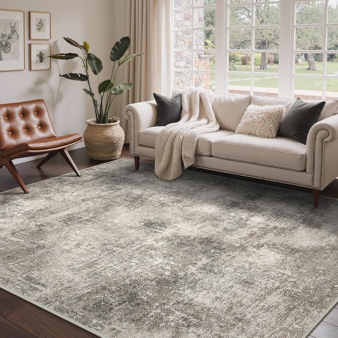 Area Rugs 9x12 for Living Room Bedroom, Modern Abstract Machine Washable Rug, Large Soft Low Pile Floor Carpet with Non Slip Backing for Dining Room, Grey