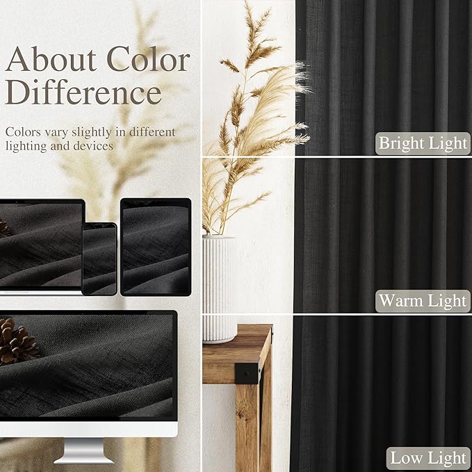 Nanspring Linen Kitchen Curtains 30 Inches Long Black Semi Sheer Short Curtains Back Tab Rod Pocket Solid Privacy Cafe Tier Curtain for Cafe Bathroom Basement 36x30,2 Panels