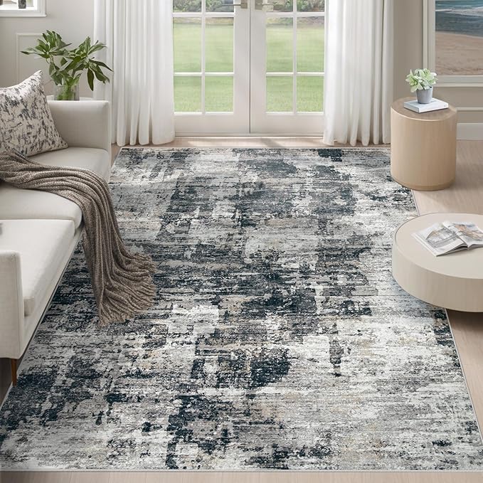 XLUEZ 5x7 Area Rugs for Living Room, Washable Modern Abstract Large Area Rug Neutral Soft Non Slip Kids Rug Stain Resistant Indoor Carpet for Bedroom Nursery Dining Room Playroom(BlackGrey, 5'x7')