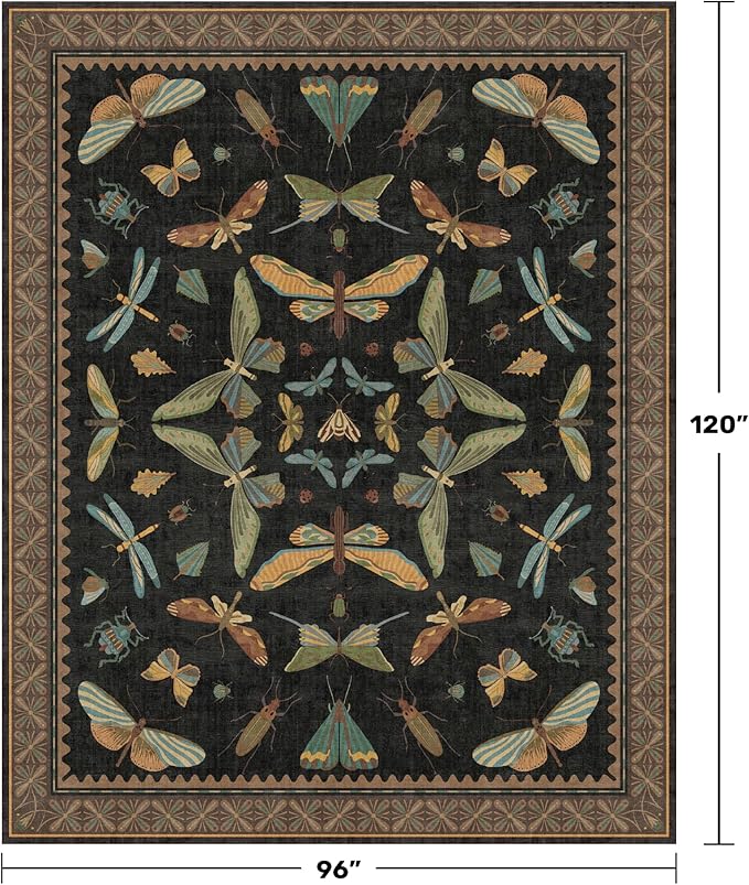 Hazo Haus Black Washable Insect Area Rugs 8x10 for Living Room, Bedroom, Dining Room Under Table, Playroom, Large Dark Whimsical Boho Indoor Rug, Ultra Soft Low Pile Non Slip