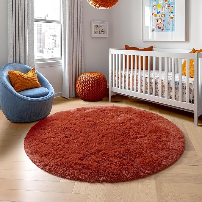 Amdrebio Terracotta Rust Round Circle Rug 5Ft for Bedroom Living Room, Fluffy Fuzzy Shaggy Furry Area Rugs for Kids Room Decor Aesthetic, Cute Plush Shag Rustic Carpet for Nursery Dorm Classroom
