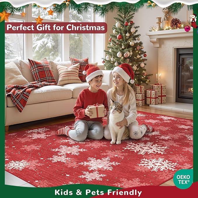 2x3 Christmas Doormat for Entryway, Washable Christmas Rugs Bathroom，Snowflake Front Porch Runner Rug，Non-Slip Red and White Christmas Decor Indoor(2'x3', Red/White)