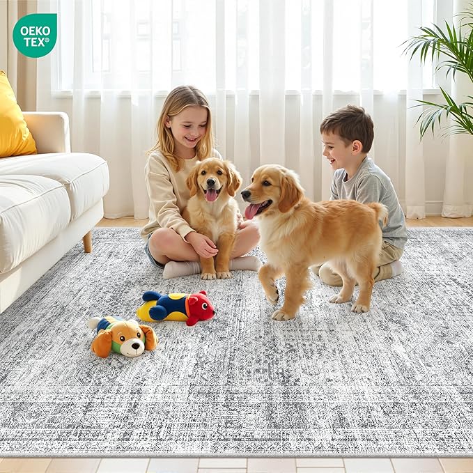 5x7 Area Rugs, Ultra-Thin Washable Rugs for Living Room, Anti-Slip Backing Area Rug for Bedroom, Soft Abstract Vintage Home Decor Rug for Dining Room(5'x7', Grey/Ivory)