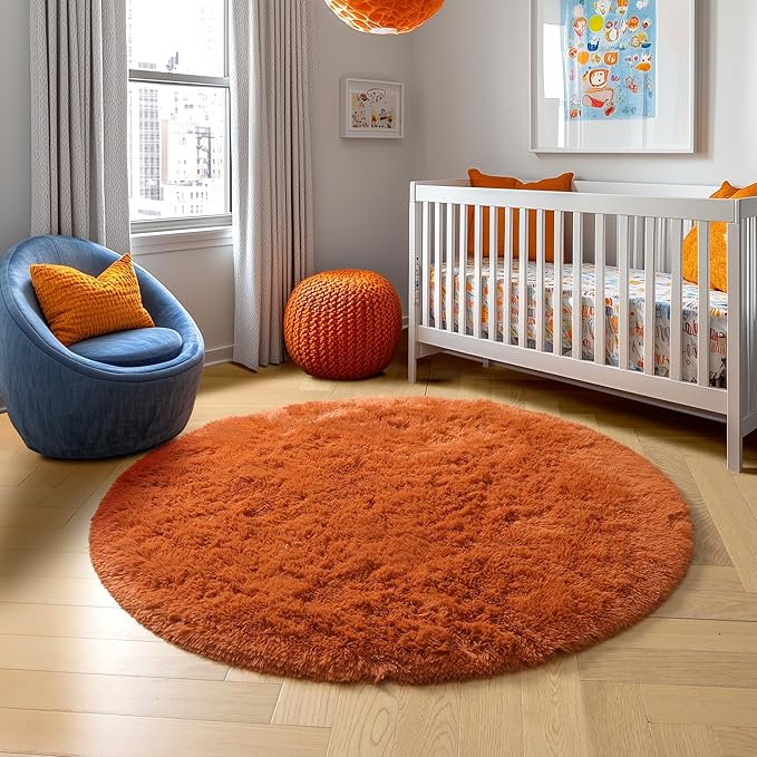 Amdrebio Burnt Orange Round Circle Rug 4Ft for Bedroom Living Room Decor Aesthetic, Fluffy Furry Fuzzy Shaggy Area Rugs for Kids Room, Small Plush Shag Dark Orange Carpet for Nursery Dorm Classroom