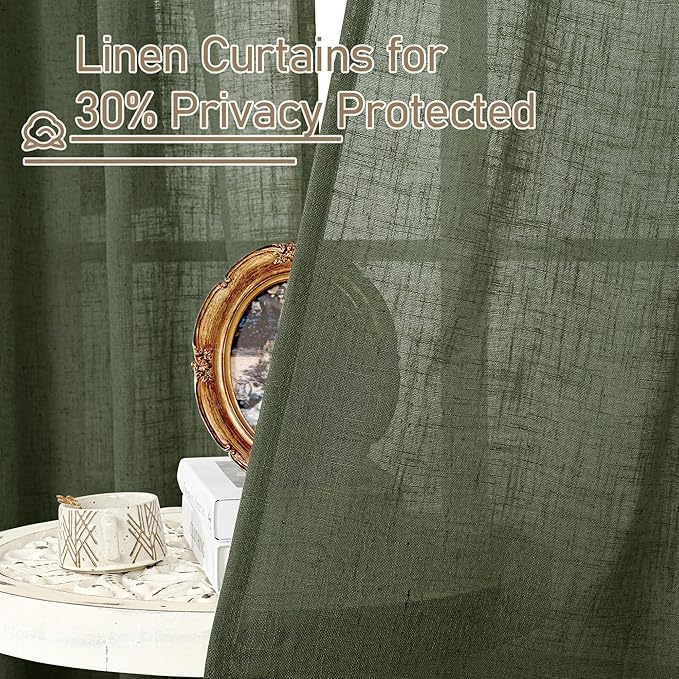 LAMIT Light Filtering Linen Curtains 80 inch for Living Room, Linen Textured Semi Sheer Back Tab and Rod Pocket Boho Modern Christmas Decor Drapes for Bedroom, Olive Green, 2 Panels, 52 x 80 Inch