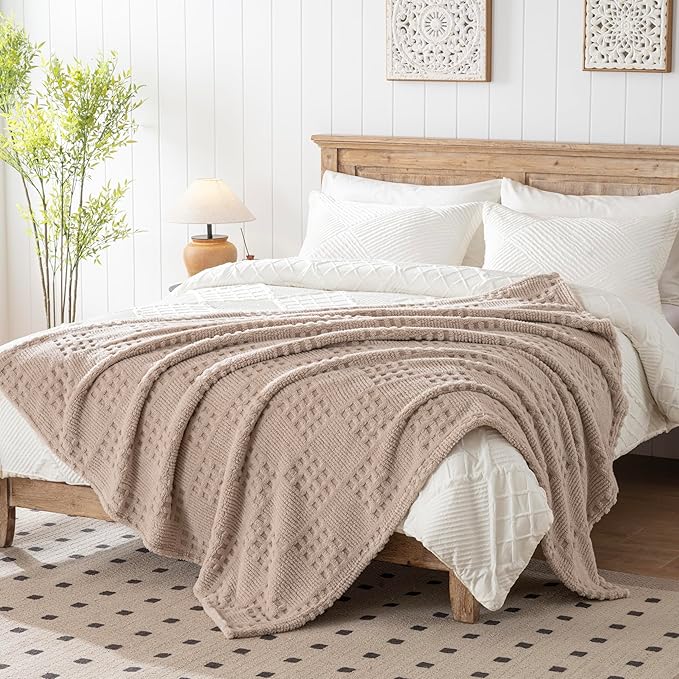 50x70 Inch Waffle Brown Throw Blanket -Fluffy Fleece, Neutral Tan Color, Cute & Aesthetic, Perfect for Sofa, Couch, Chair, Bed, Living Room & Bedroom, All-Season Use, Plush & Cozy Decorative Blanket