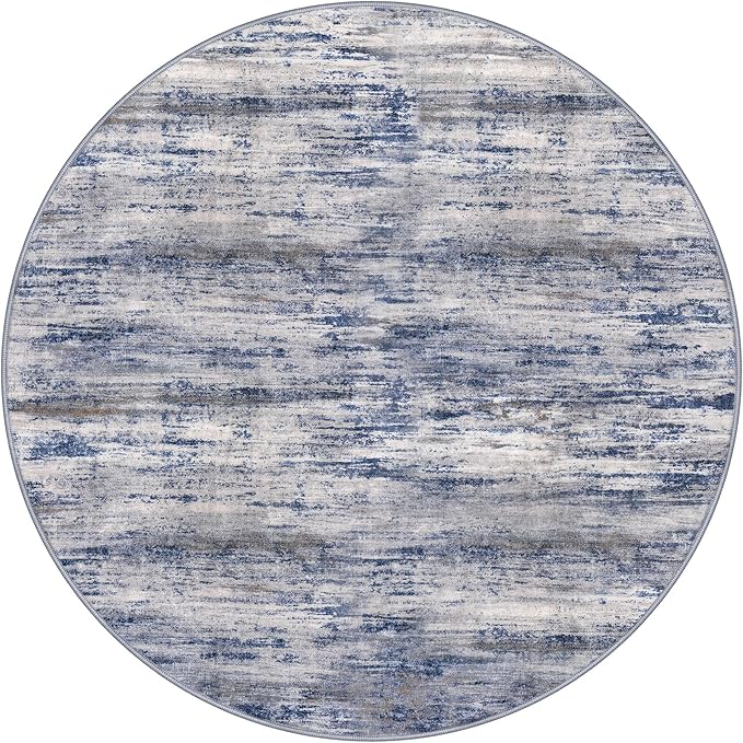 KOZYFLY Round Area Rugs 6Ft Modern Abstract Ombre Circle Rug for Bedroom, Washable Rug Non-Slip Soft Striped Living Room Area Rug, Print Grey-Blue Carpet for Laundry Nursery