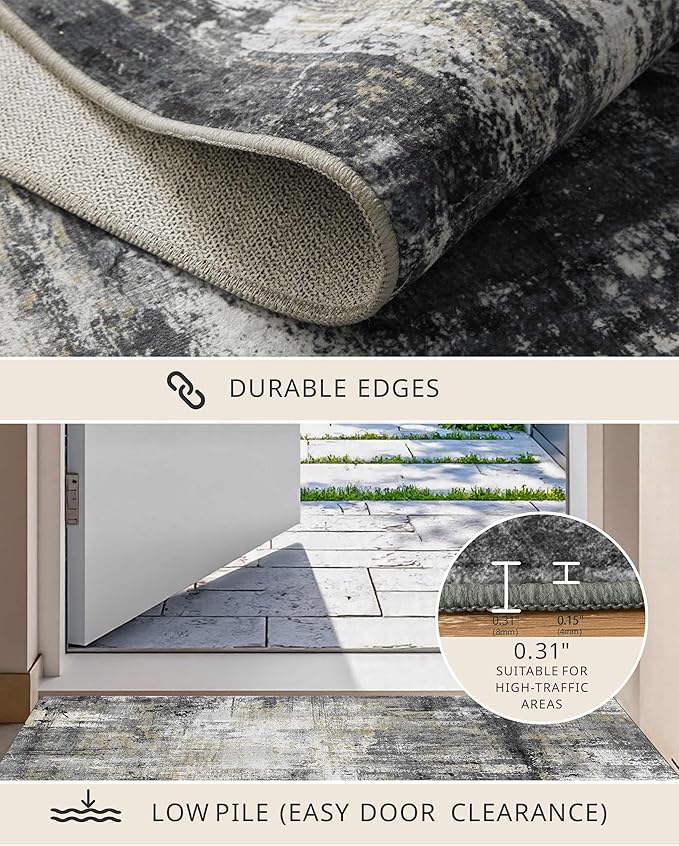 Latte&Fog 5x7 Area Rugs for Living Room Bedroom, Black Modern Abstract Neutral Washable Rug, Boho Non Slip Low Pile Carpet for Dining Room,Dorm,Classroom,College Dorm and Farmhouse - Black Gold