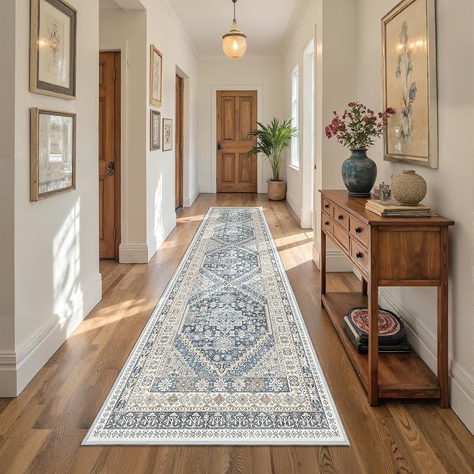 Kitchen Runner Rug Non Slip Washable 2.5x10, Soft Ultra-Thin Entryway Rug Runners for Hallways, Carpet Runner for Living Room,Kitchen, Laundry, Bathroom(Blue/Beige,2.5'x10')