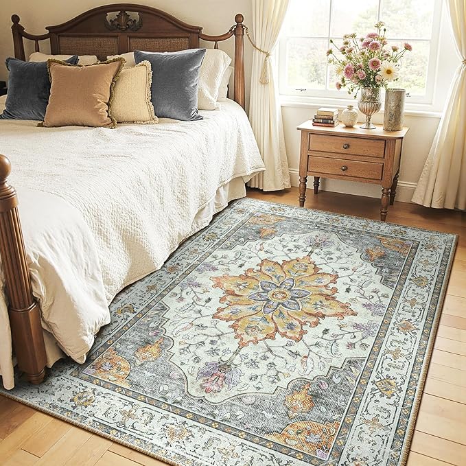RELEANY Area Rugs 5'x7' Washable Non-Slip, Floral Vintage Distress Print Pattern Medallion Carpet for Living Room Bedroom Dining Room, Light Yellow Carbon Grey Orange