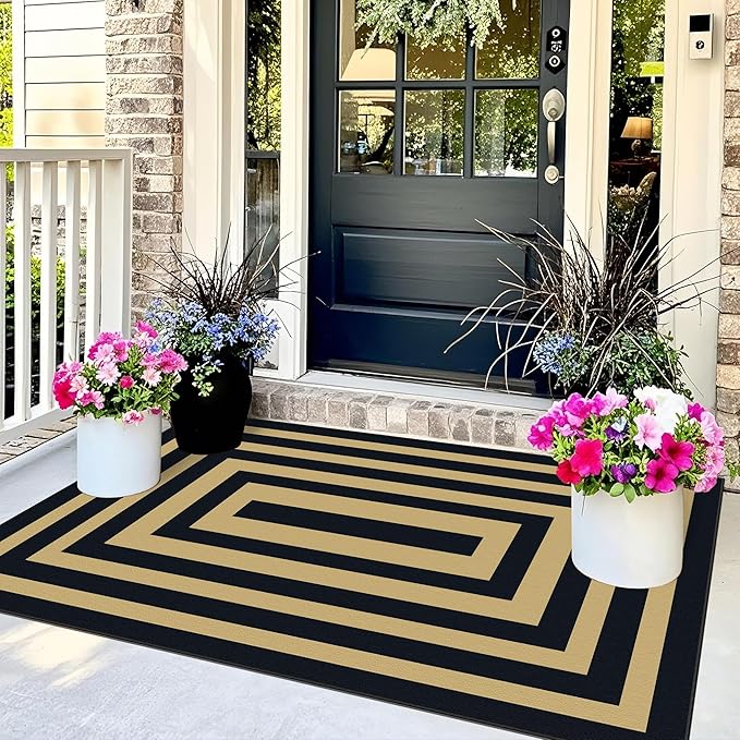3x5 Modern Entry Rug - Small Washable Indoor Outdoor Mats for Front Door Non-Slip Porch Rug Black Tan Geometric Striped Throw Rugs for Living Room Bedroom Entryway Kitchen Office Porch Decor
