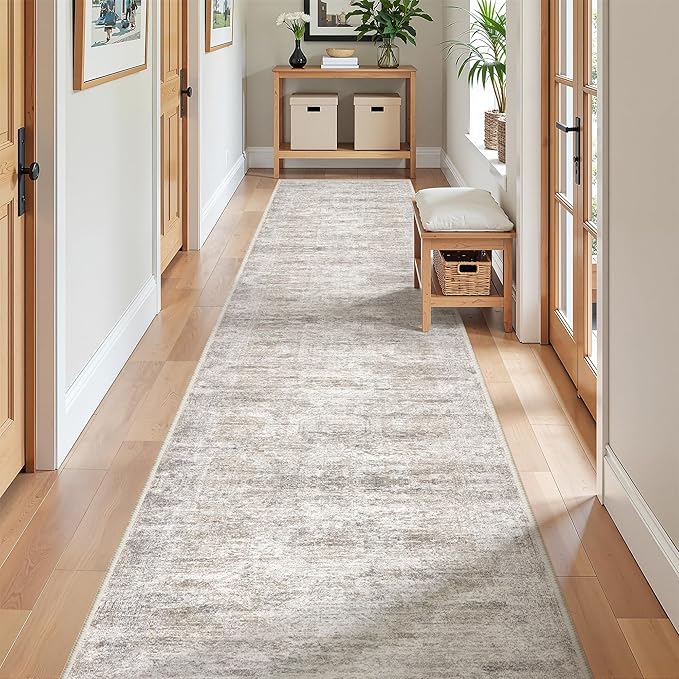 Long Rugs Runner - Washable Runner Rugs for Hallway 2x10, Ultra-Thin Soft Kitchen Carpet Runner, Anti Slip Backing Runner Rugs for Entrance, Bedroom, Living Room(2'x10', Brown/Grey/Ivory)