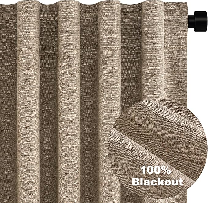 Topfinel Taupe Burlap Linen Blackout Curtains & Drapes 86 Inch Length 2 Panels Set Dark Flax Linen Brown Tan Room Darkening Soundproof Cabin Curtains with Hooks Rings for Bedroom Living Room