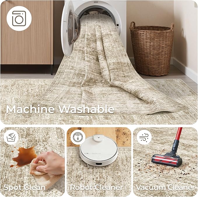 Washable Runner Rug 2.5x16, Non-Slip Long Hallway Runner for Entryway, Soft Vintage Kitchen Mats for Floor, Abstract Dining Room, Bedroom, Living Room Rugs(2.5'x16', Brown/Ivory)