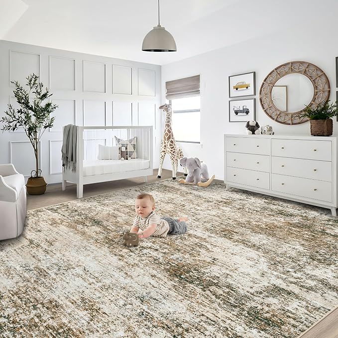 XLUEZ 9x12 Area Rug for Living Room, Washable Modern Abstract Large Area Rug Neutral Soft Non Slip Kids Rug Stain Resistant Indoor Carpet for Bedroom Dining Room Playroom Office(Brown, 9'x12')