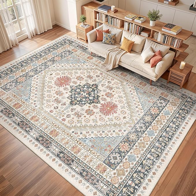 Washable Rugs 8x10 Area Rugs for Living Room, Non-Slip Backing Large Rug for Nursery Room, Vintage Floral Bedroom Rugs, Thin Indoor Home Decor Soft Farmhouse Rug (Blue/Red/Multi,8'x10')