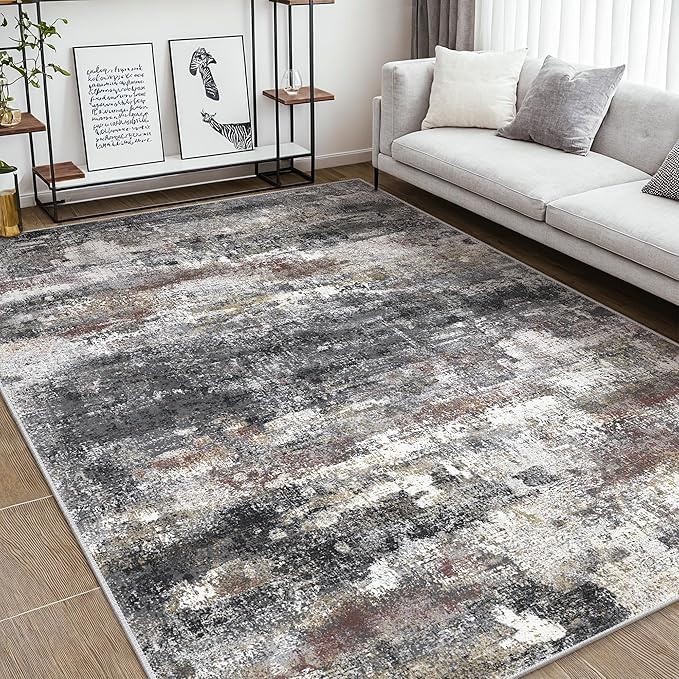 Area Rugs 10x12 for Living Room Bedroom, Modern Abstract Machine Washable Large Dark Gray Rug, Soft Low Pile Floor Carpet with Non Slip Backing for Dining Room