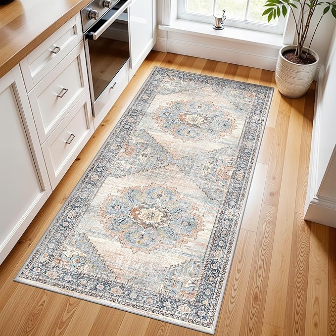 Non-Slip Kitchen Runner Rug 3x6 - Washable Low Pile Stain Resistant Hallway Entryway Carpet for Bathroom Indoor Soft Comfort Floor Mat for Bedside & Sink Area (Blue, 3X6)