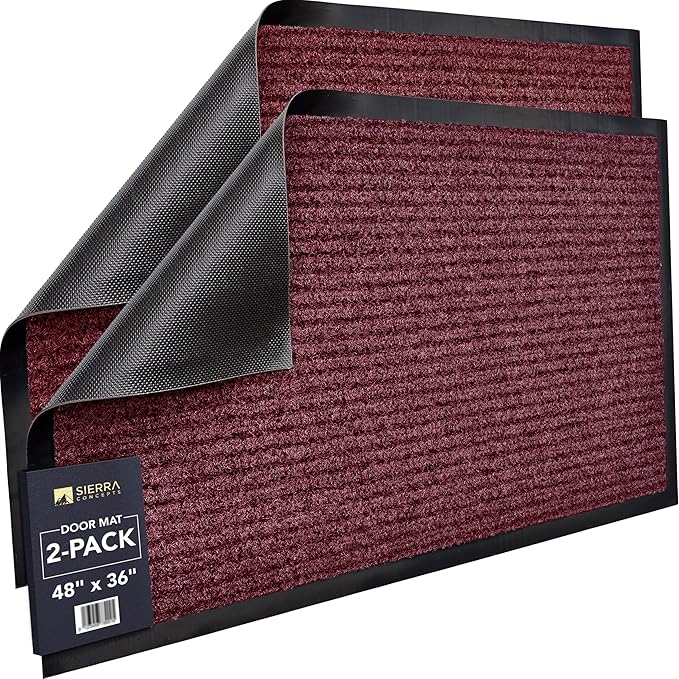 Sierra Concepts Front Door Mat X-Large Welcome Floor Mats - Entryway Indoor Outdoor Entrance Doormat, Patio, Porch, Muddy Dog Shoe, Inside Outside Low Profile 48x36in, 2-Pack Red