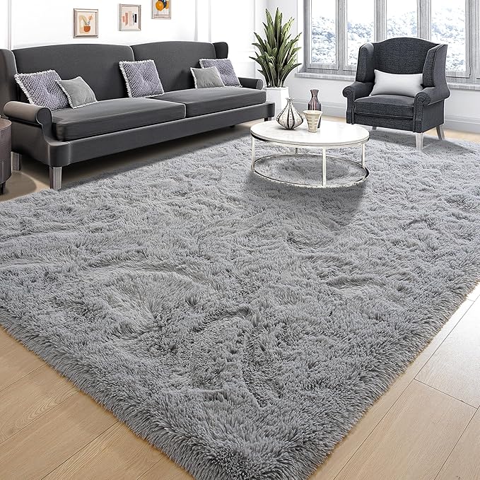 Tepook Super Soft Fluffy Rug for Bedroom, Modern Shaggy Fuzzy Kids Rugs for Living Room, Plush Indoor Nursery Home Decor Dorm Carpet with Non-Slip Bottom, Grey, 4 X 6 Feet