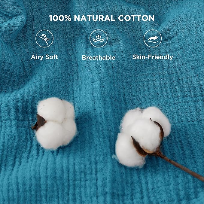 Bedsure 100% Cotton Muslin Throw Blanket Twin XL for Bed - 4-Layer Breathable and Lightweight Thin Soft Summer Gauze Muslin Blankets for Adults, Teal, 66x90 Inches
