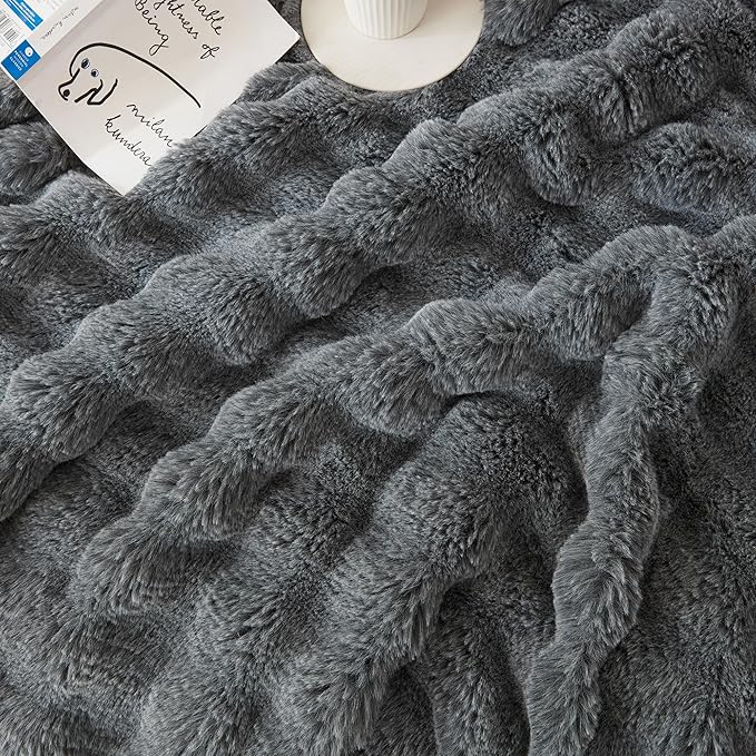 COOVA Faux Fur Throw Blanket for Couch, Cozy Soft and Fuzzy Plush Rabbit Fur Bubble Blanket for Sofa Bedroom Living Room, 50x60 Inches Cationic Light Grey
