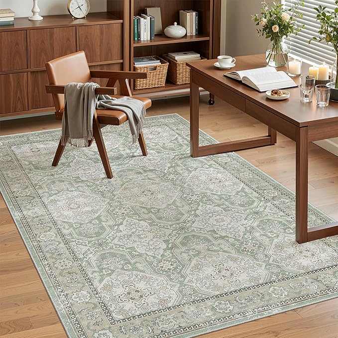 4x6 Area Rugs for Living Room, Vintage Washable Rugs for Dining Room, Bedroom, Home Office Decor, Non-Slip Green/Brown Carpet Thin Rug