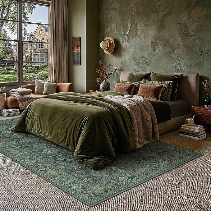 9x12 Washable Area Rug for Living Room Bedroom Vintage Green Non Slip Carpet Traditional Retro Soft Low Pile Large Throw Rug for Dining Room Kitchen Office Indoor