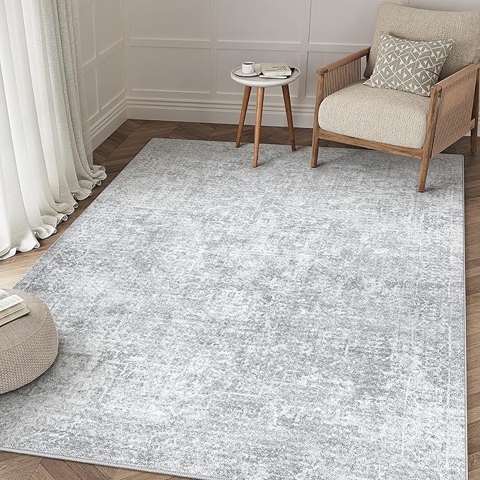 PureCozy 4x6 Area Rug Washable Vintage Entryway Living Room Carpet Indoor Office Non Slip Grey Entrance Distressed Low Pile Retro Accent Throw Rug for Dining Room Bathroom Bedroom Laundry