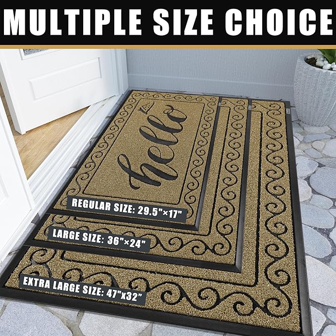 Yimobra Welcome Mats for Front Door 29.5x17, Heavy Duty Waterproof Outdoor Door Mat Outside Entrance, Non-Slip Low Profile Indoor Entryway Mat for Garage Patio, Beige Brown