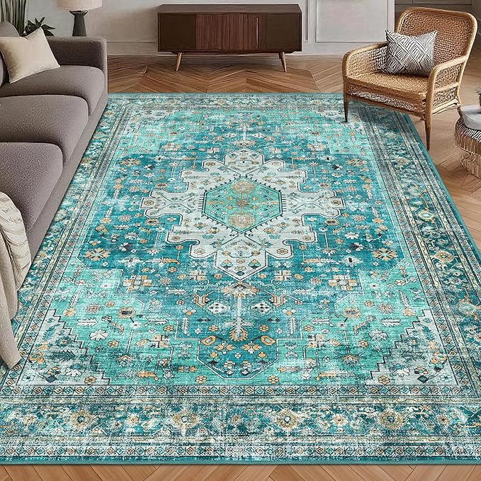 Washable Area Rug 8' x 10' Vintage Traditional Persian Mat - Foldable Distressed Non-Slip Machine Washable Carpet for Living Room Bedroom Kitchen Home Decor - Teal and Gold