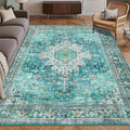 Washable Area Rug 4' x 6' Vintage Traditional Persian Mat - Foldable Distressed Non-Slip Machine Washable Carpet for Living Room Bedroom Kitchen Home Decor - Teal and Gold