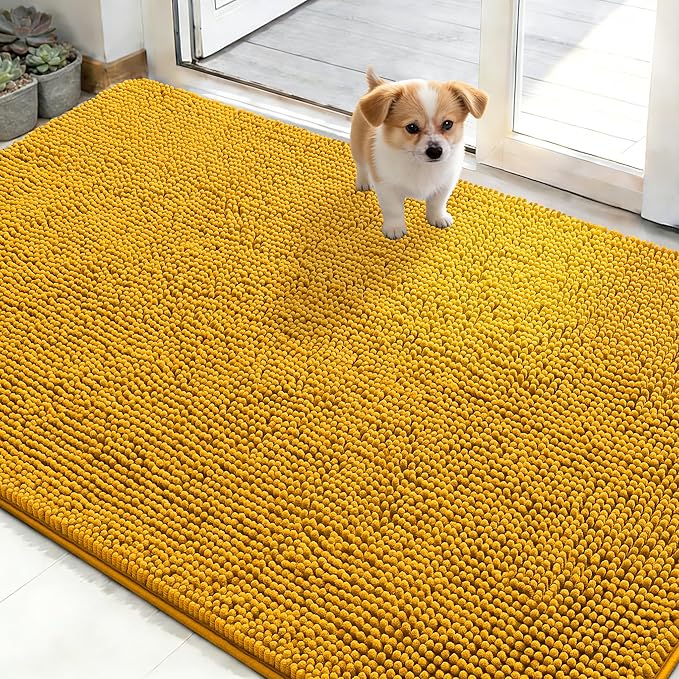OLANLY Dog Door Mat for Muddy Paws 50x30, Absorbs Moisture and Dirt, Absorbent Non-Slip Washable Doormat, Quick Dry Chenille Mud Mat, Entry Indoor Entryway Carpet for Inside Floor, Golden Yellow